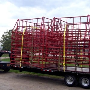 Livestock feeders stacked on a truck for delivery